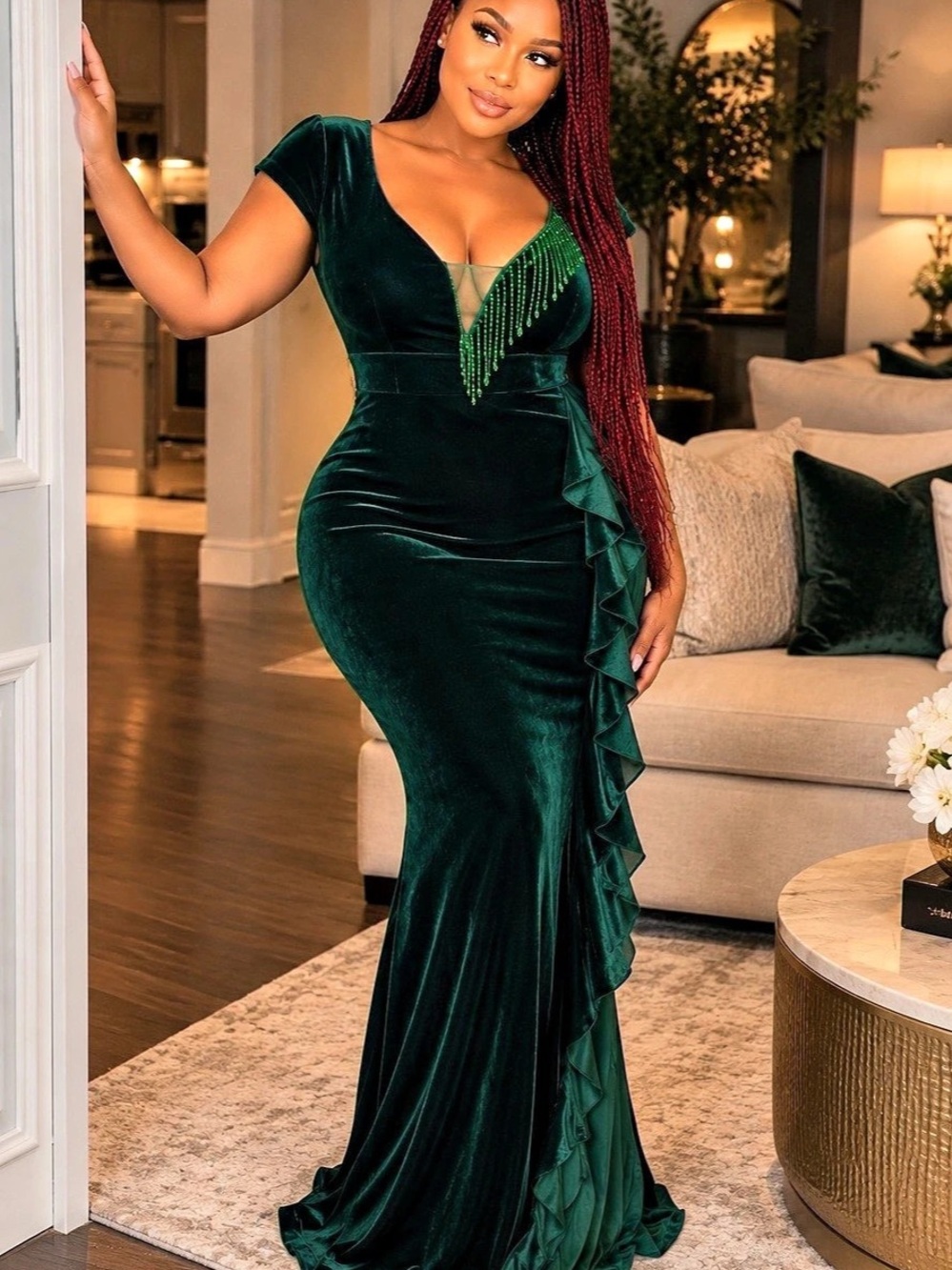 Velvet-Style Green Maxi Dress Like New